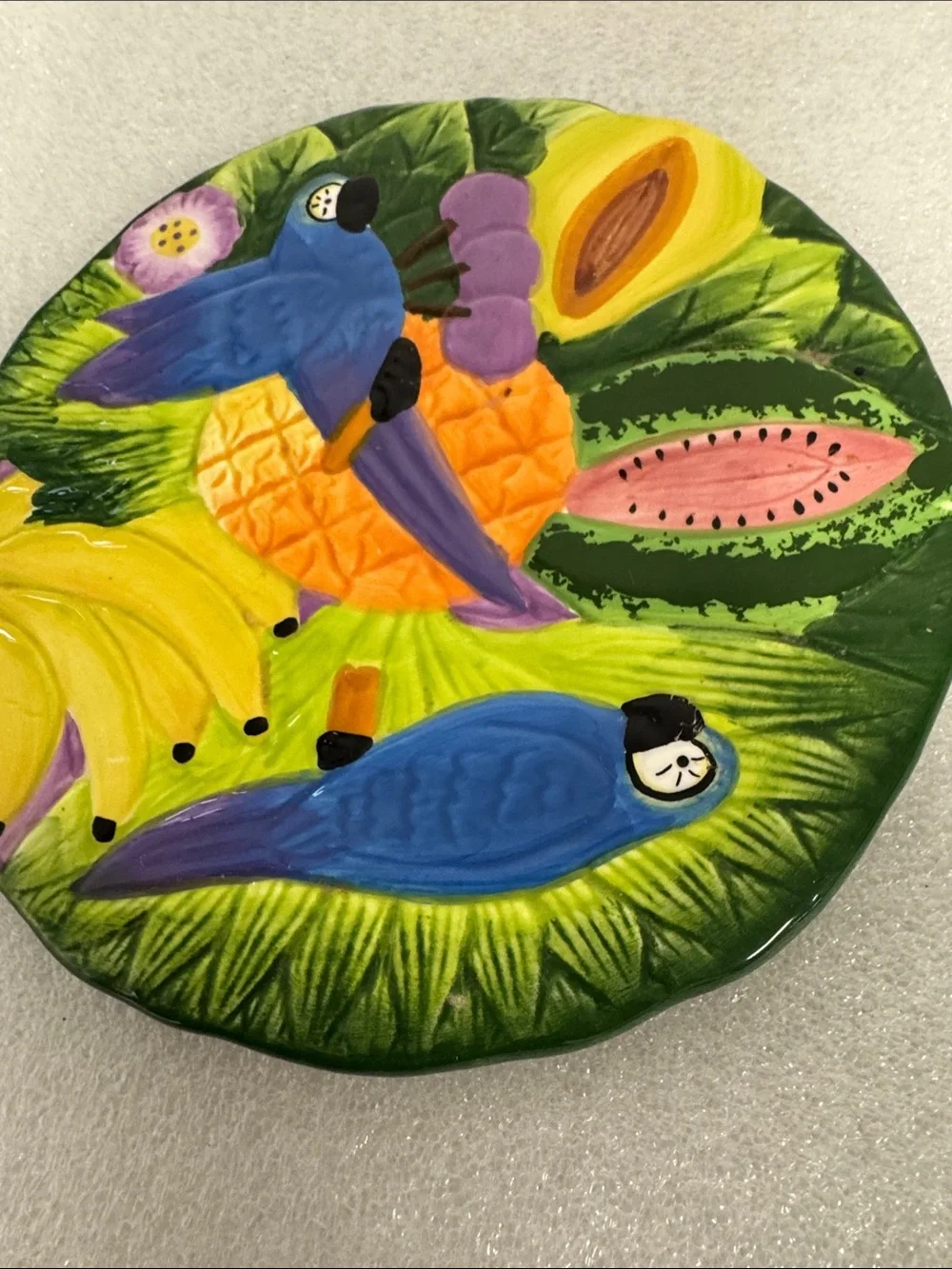 Decorative Blue Parrot Ceramic Bird Plaque - Handpainted Tropical Wall Art/tray